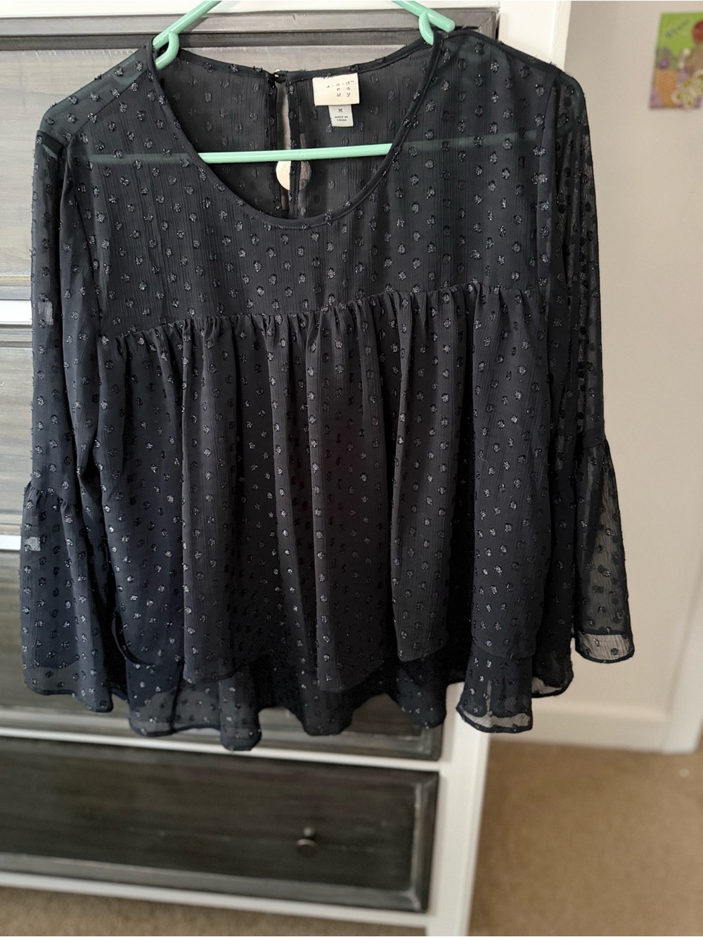 Black Swiss Dot Peasant Blouse - Women's Long Sleeve